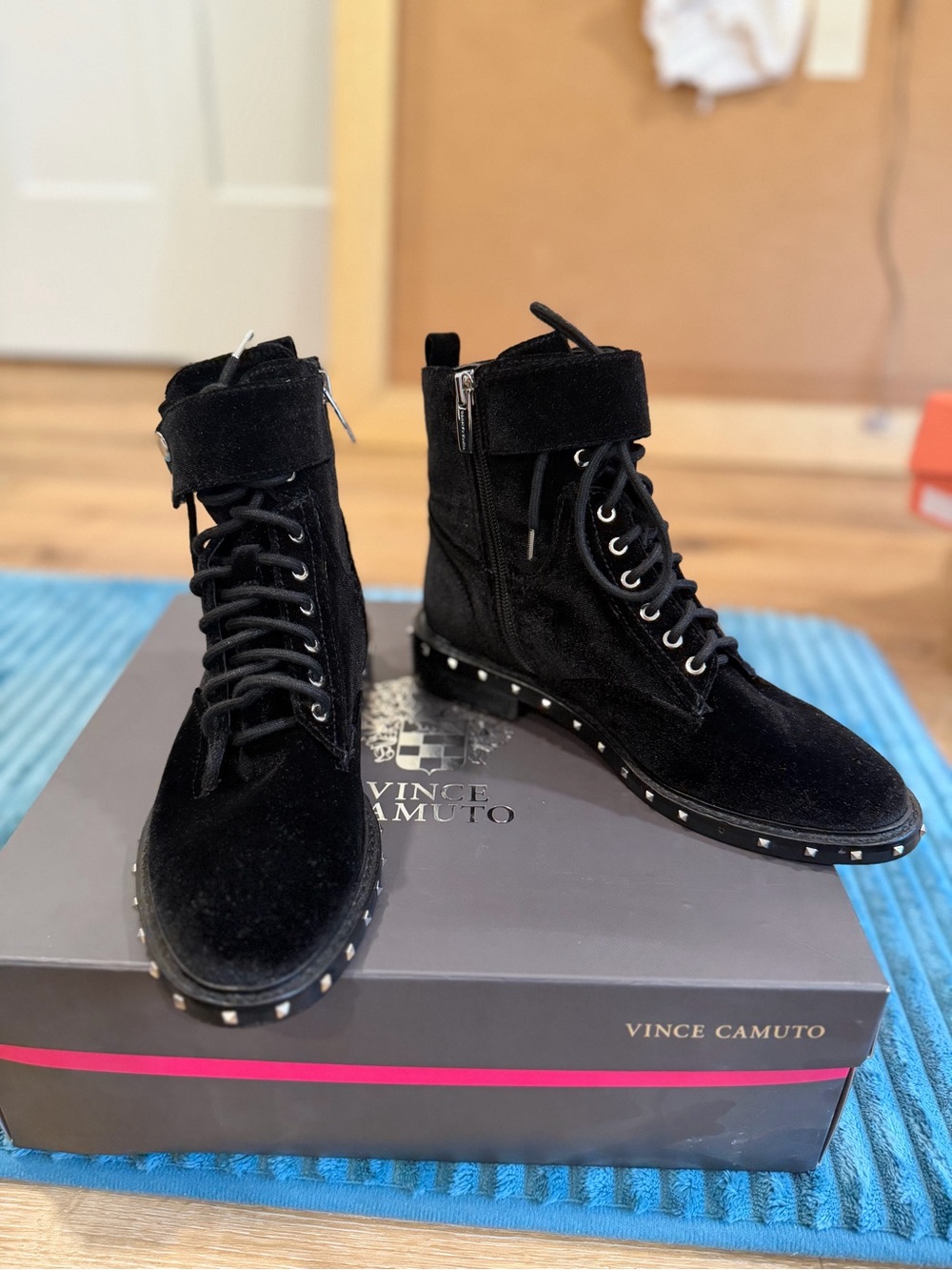 Vince Camuto Black Suede Lace-Up Ankle Boots with Studded Trim